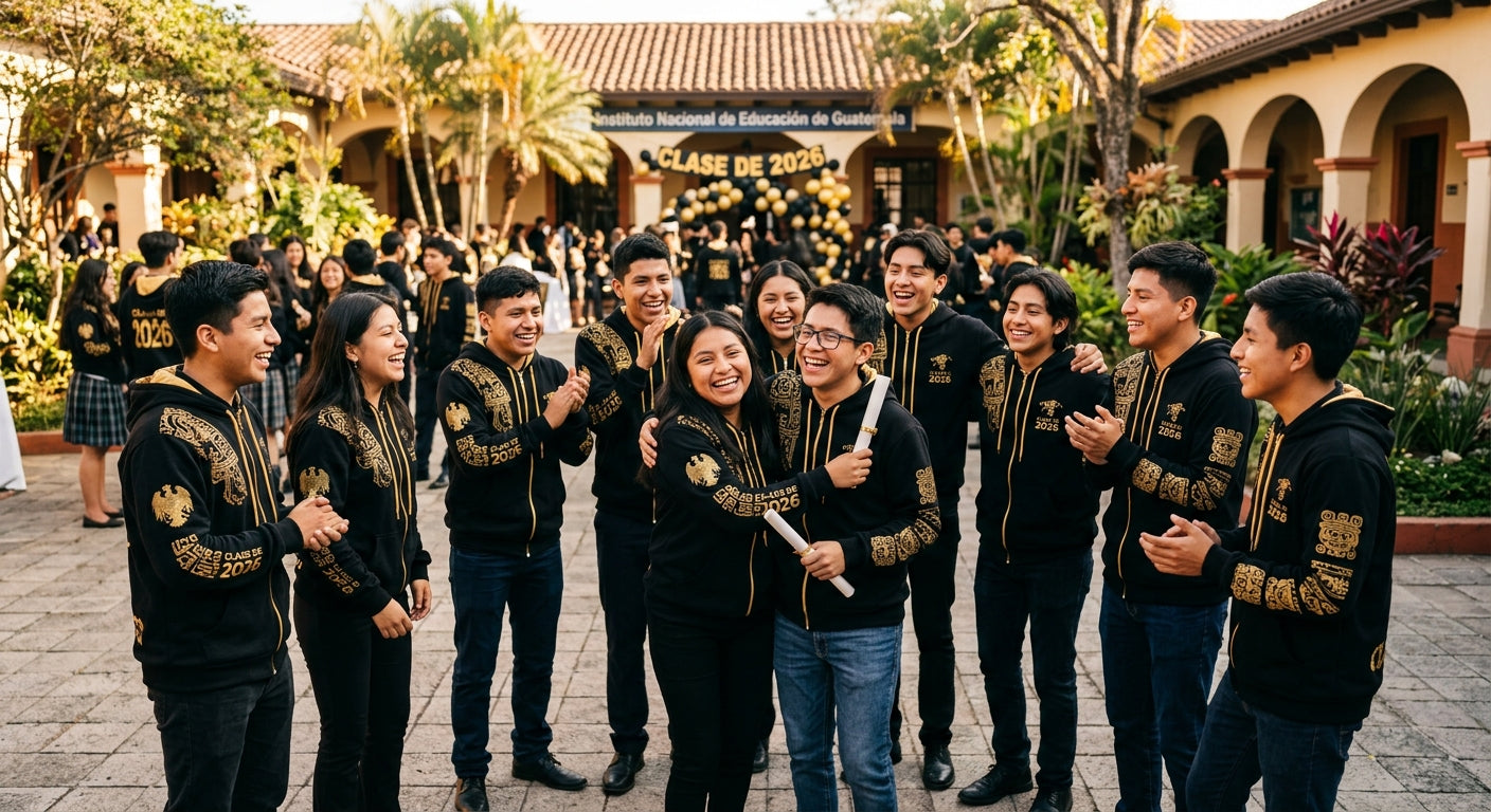 Estudiantes guatemaltecos con sudaderas de promoción 2026