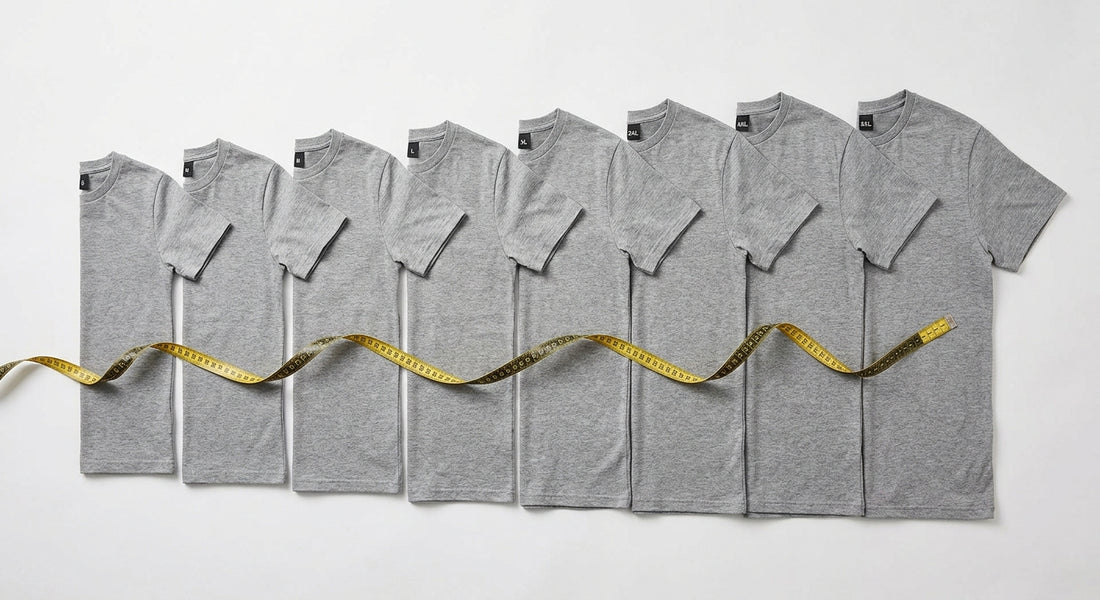 Guía de tallas de playeras de S a 5XL con cinta de medir