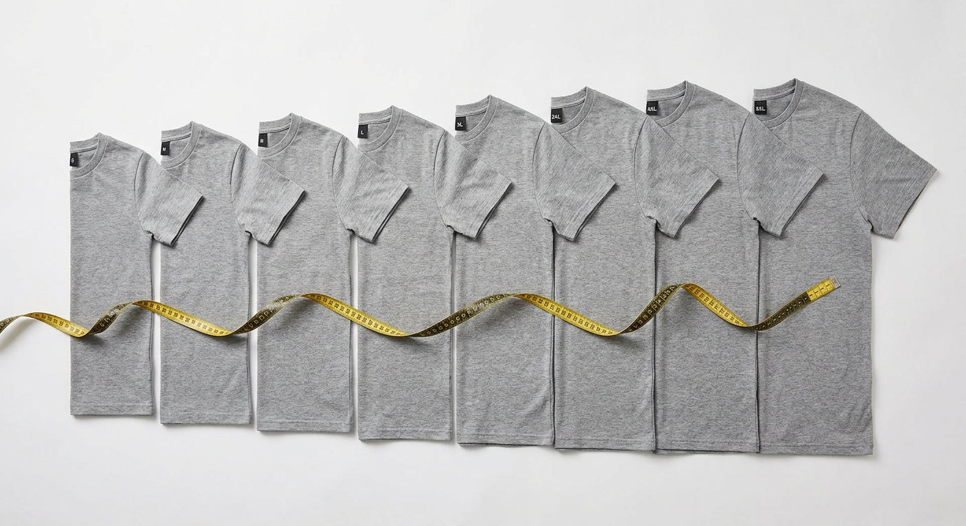 Guía de tallas de playeras de S a 5XL con cinta de medir