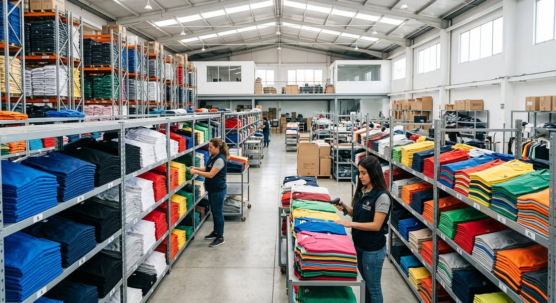 Almacén de proveedores de ropa en Guatemala con racks de playeras
