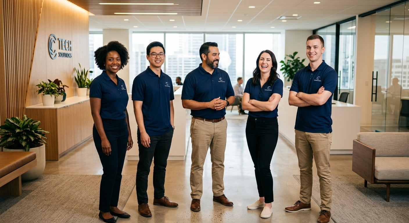 Equipo corporativo con uniformes polo bordados en oficina