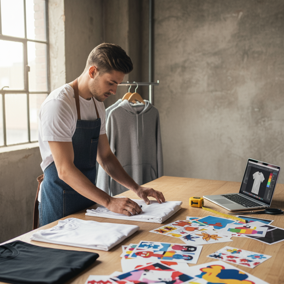 Emprendedor diseñando ropa personalizada para su marca con camisetas, sudaderas y plancha de calor en Guatemala