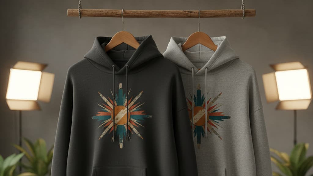 Hoodie personalizado en Guatemala con impresión DTF de alta calidad colgado en estudio moderno.