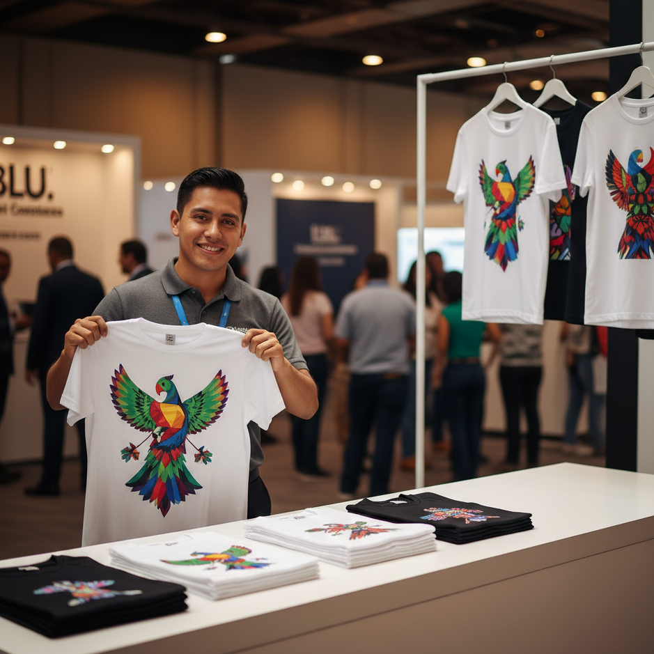 Stand de ropa personalizada en evento en Guatemala con camisetas y plancha de calor en vivo para activaciones de marca