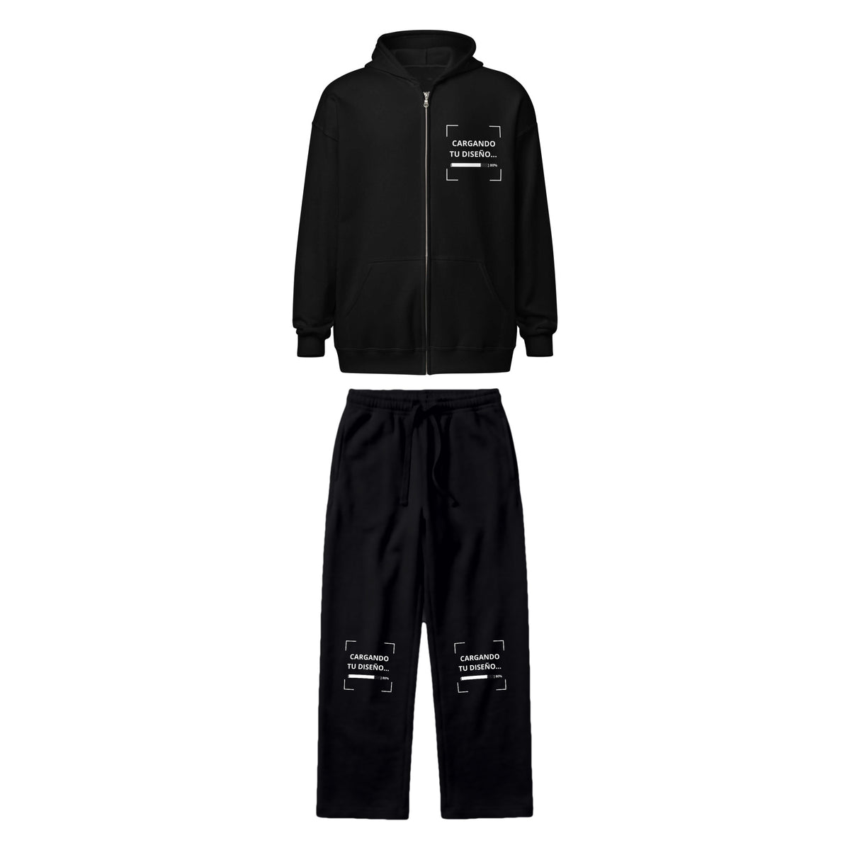 Set Hoodie con Zíper + Pants de Algodón personalizado en Guatemala – BrandLab – conjunto en color negro, vista frente