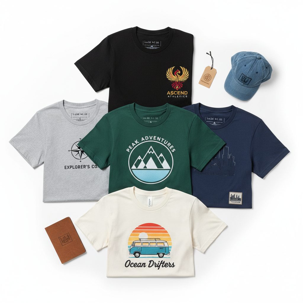 Flatlay de playeras personalizadas con bordado – catálogo producto BrandLab Guatemala
