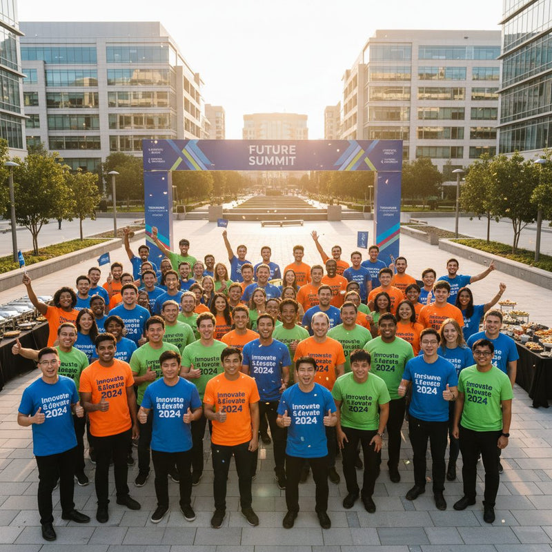 Grupo con playeras personalizadas para evento corporativo – uniformes Guatemala BrandLab